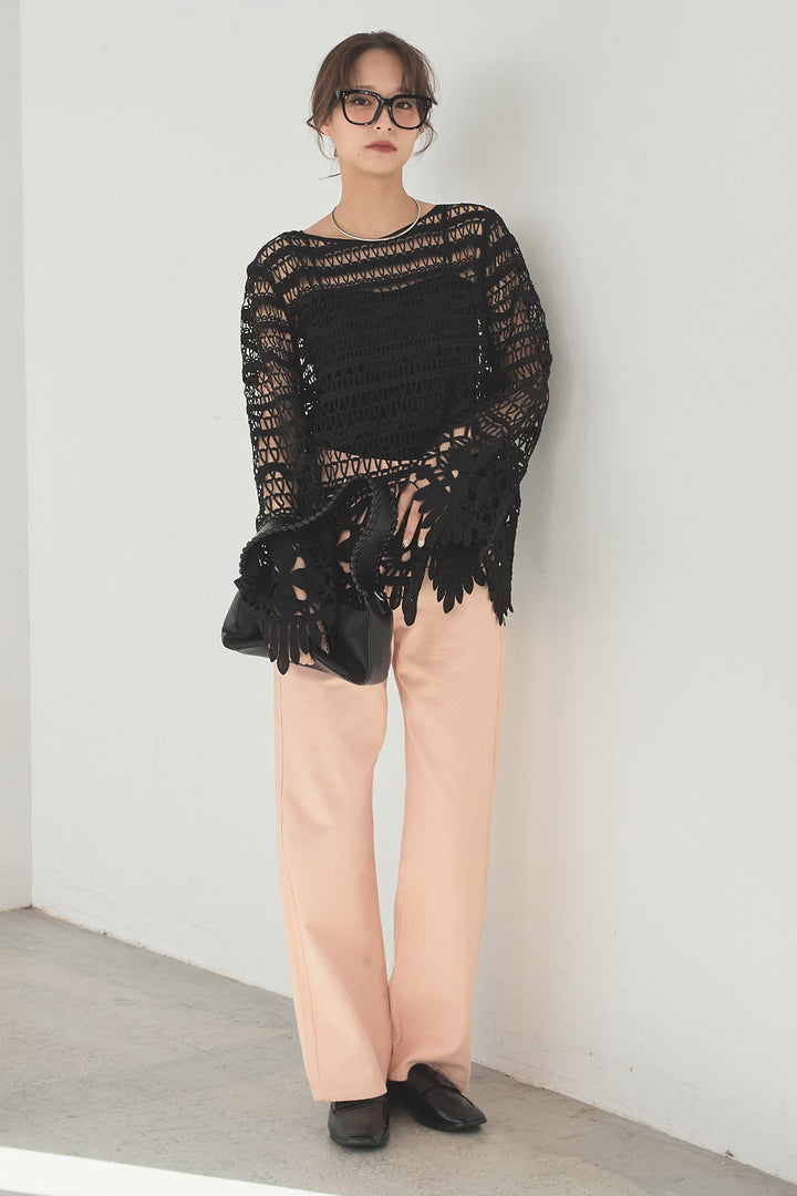 [SET]裾デザインメッシュプルオーバー+スプリングカラーデニムパンツ(2set)