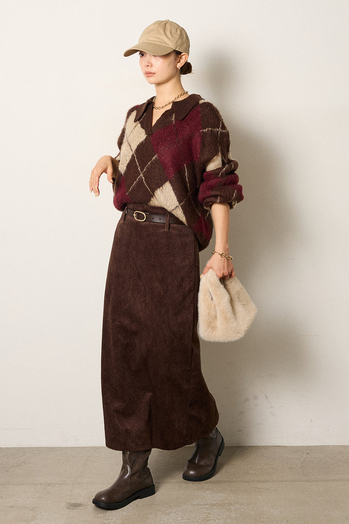 [SET]アクリルモヘアアーガイルキーネックプルオーバー+ロープベルト付きスウェード調スカート(2set)