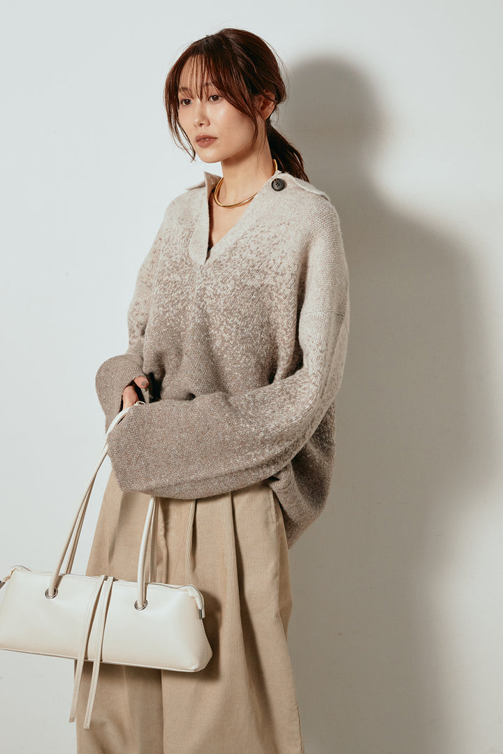 [SET]グラデーションラメニットキーネックプルオーバー+フロントタック入りコーデュロイパンツ(2set)