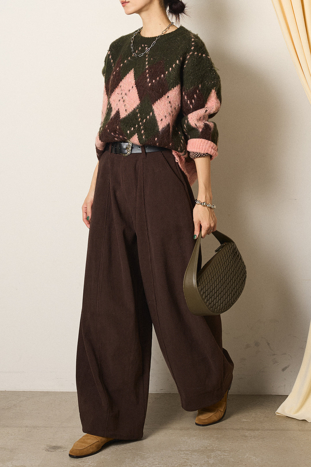 [SET]配色アーガイル柄ニットトップス+ベルト付きコーデュロイワイドパンツ(2set)