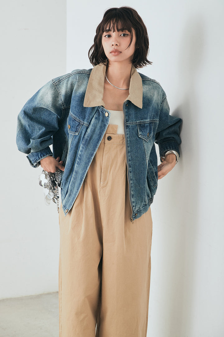 [SET]襟切り替えジップデニムジャケット+綿ツイルアシメサロペット(2set)