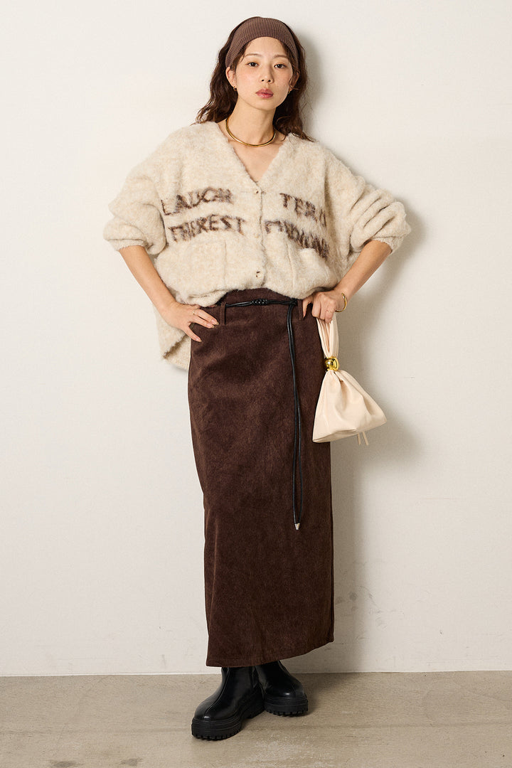 [SET]ウール混透かしロゴニットカーディガン+ロープベルト付きスウェード調スカート(2set)