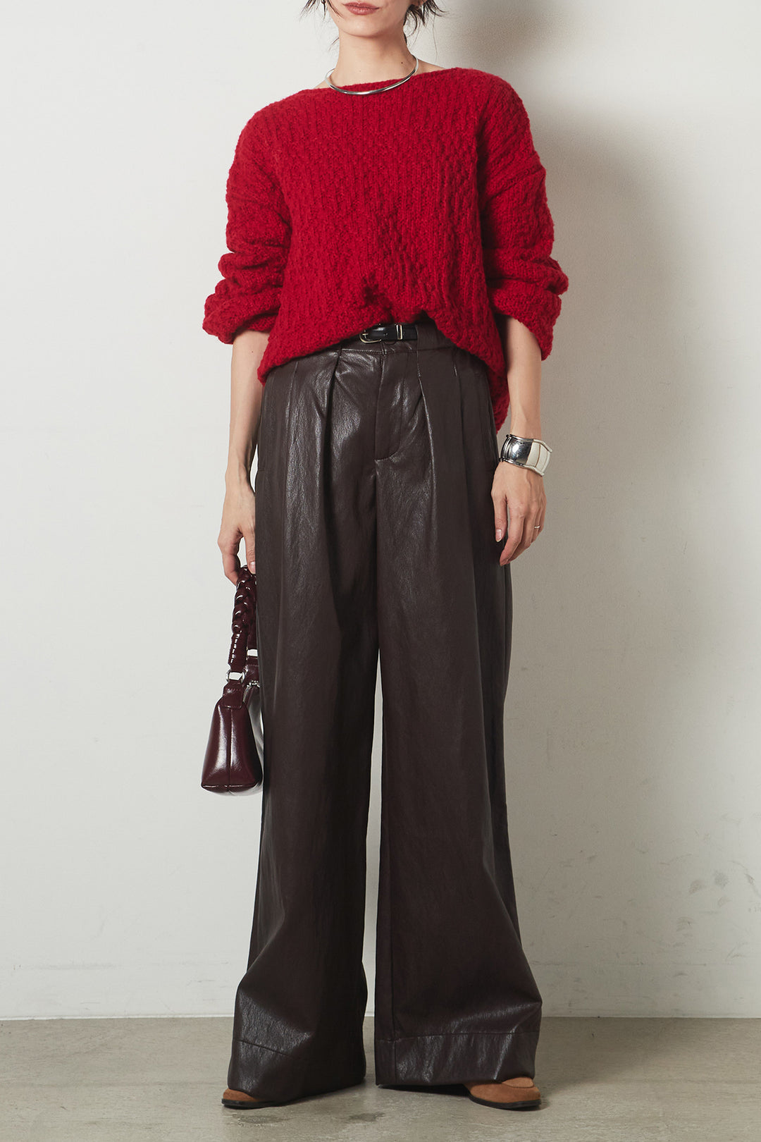 [SET]ボリューム編みニットプルオーバー+ベルト付きレザーライクタックパンツ(2set)