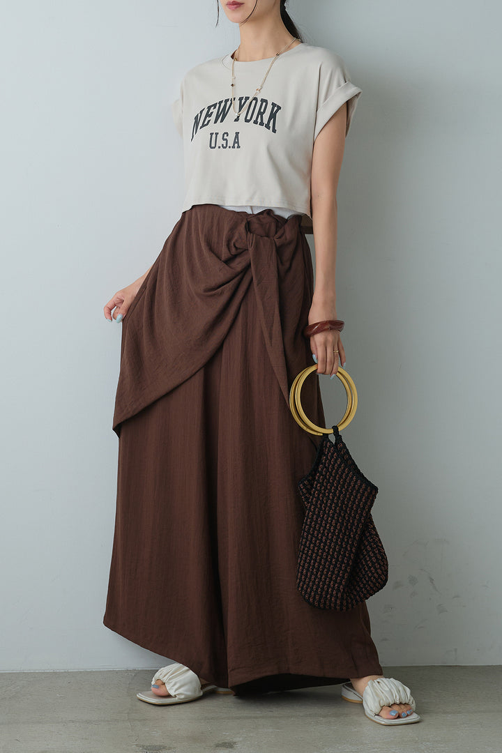 [SET]ショート丈NEWYORKロゴTシャツ+ねじりデザインワイドパンツ(2set)