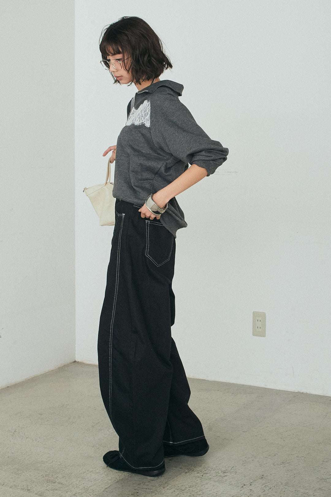 [SET]リバーレースハーフジップ裏毛スウェット+ツイル配色ステッチバレルパンツ(2set)