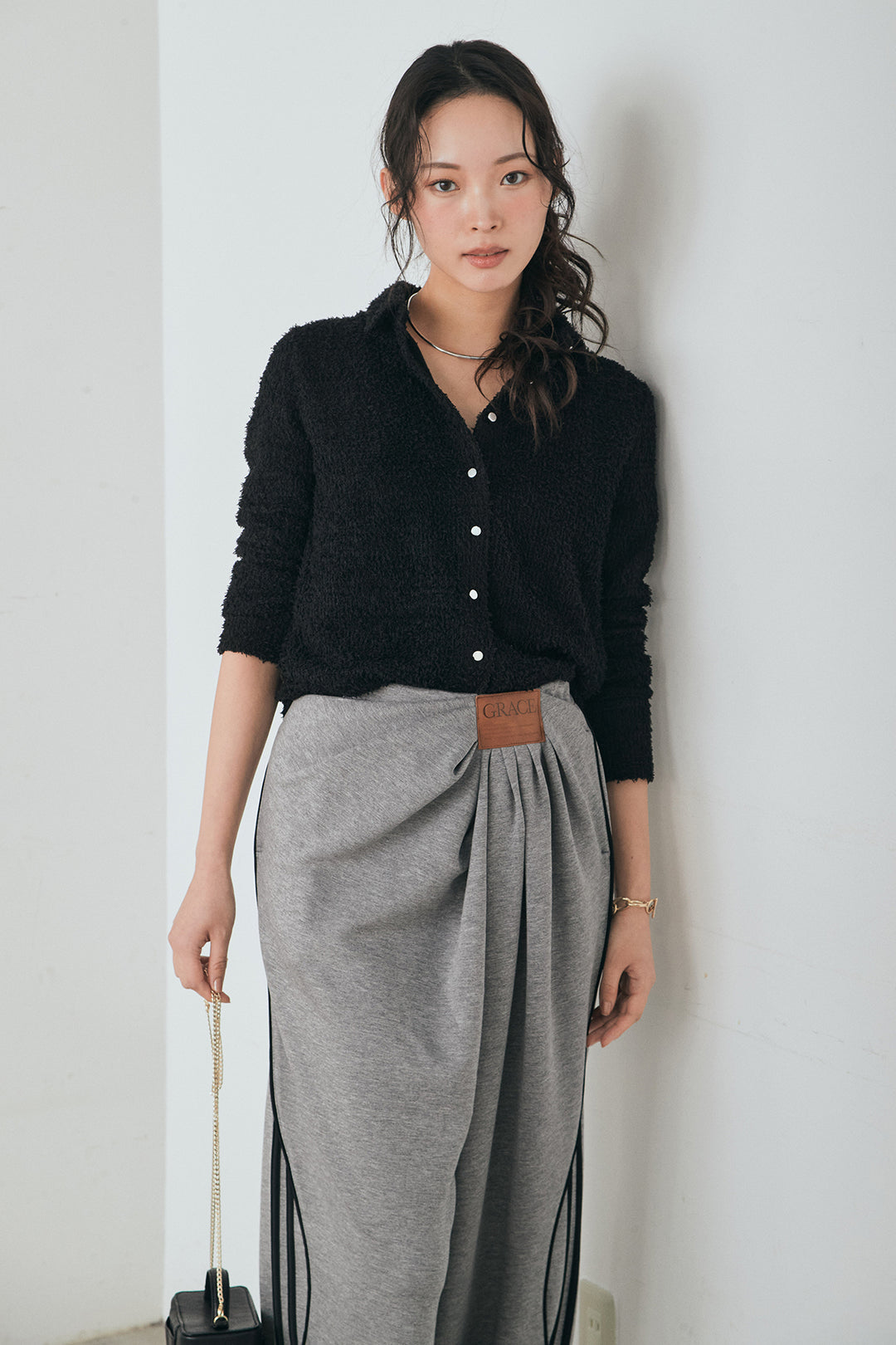 [SET]カールヤーンシャツ+ライトダンボールウェーブラインドレープパンツ(2set)