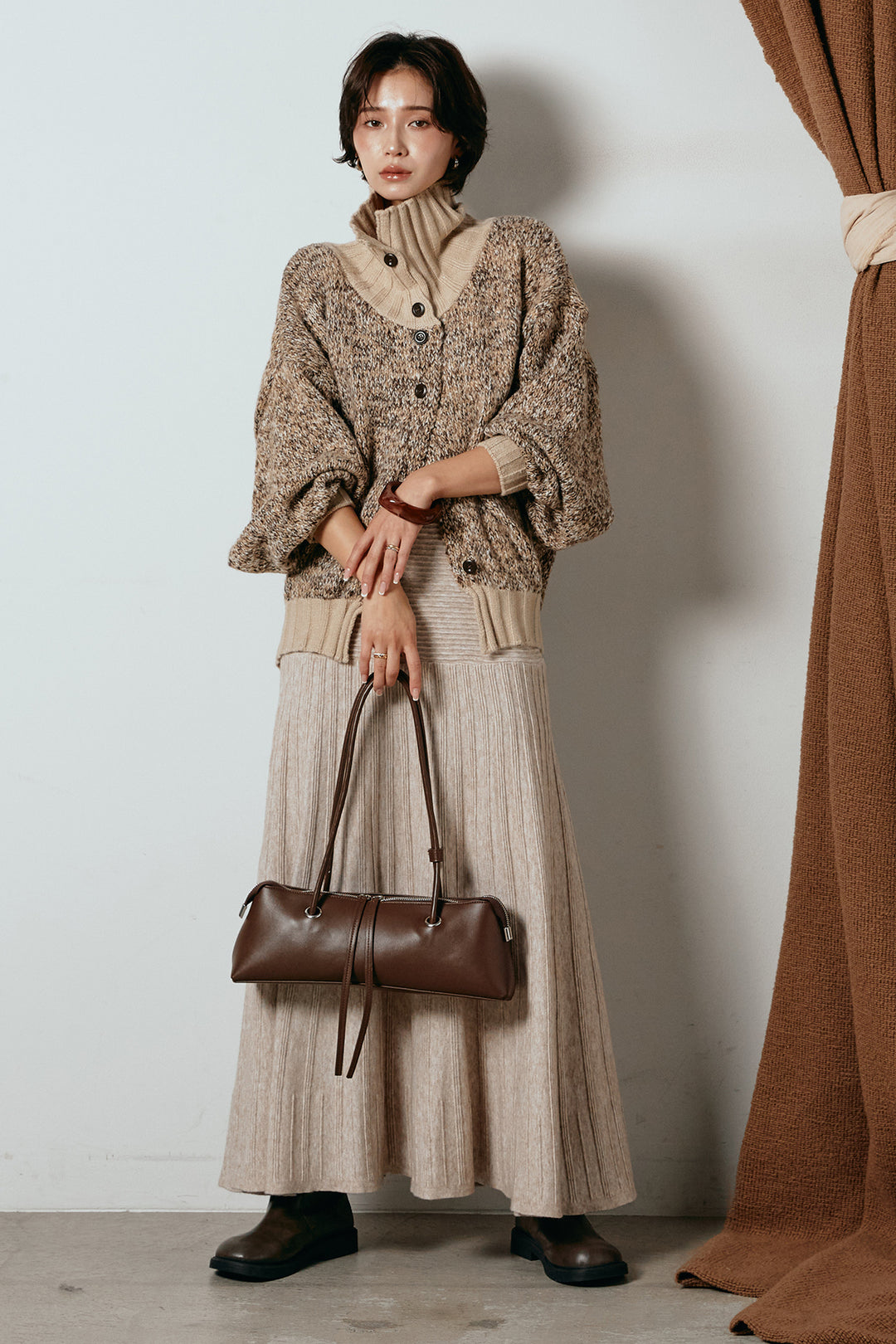 [SET]ハイネックミックスニットカーディガン+編み地切り替えフレアニットスカート(2set)