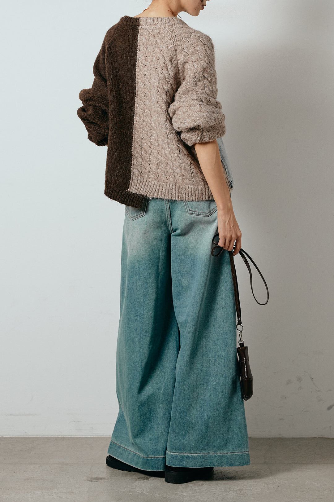 [SET]ハーフジップニットデニムドッキングトップス+ウエストダブルボタンワイドデニムパンツ(2set)