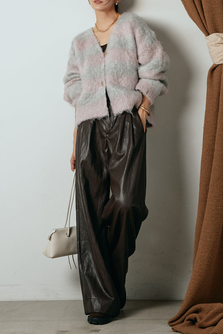 [SET]シャギーボーダー柄ニットカーディガン+ベルト付きレザーライクタックパンツ(2set)