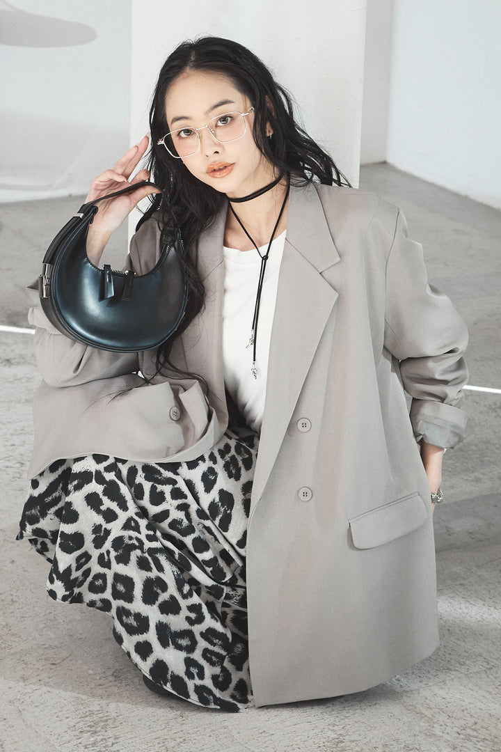 [SET]ルーズシルエットダブルテーラードジャケット+ストレッチロングTシャツ+レオパードサテンナロースカート(3set)