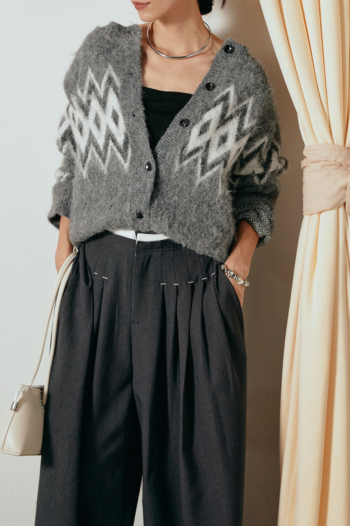 [SET]起毛ノルディック柄ニットカーディガン+ウエストステッチデザインワイドスラックス(2set)