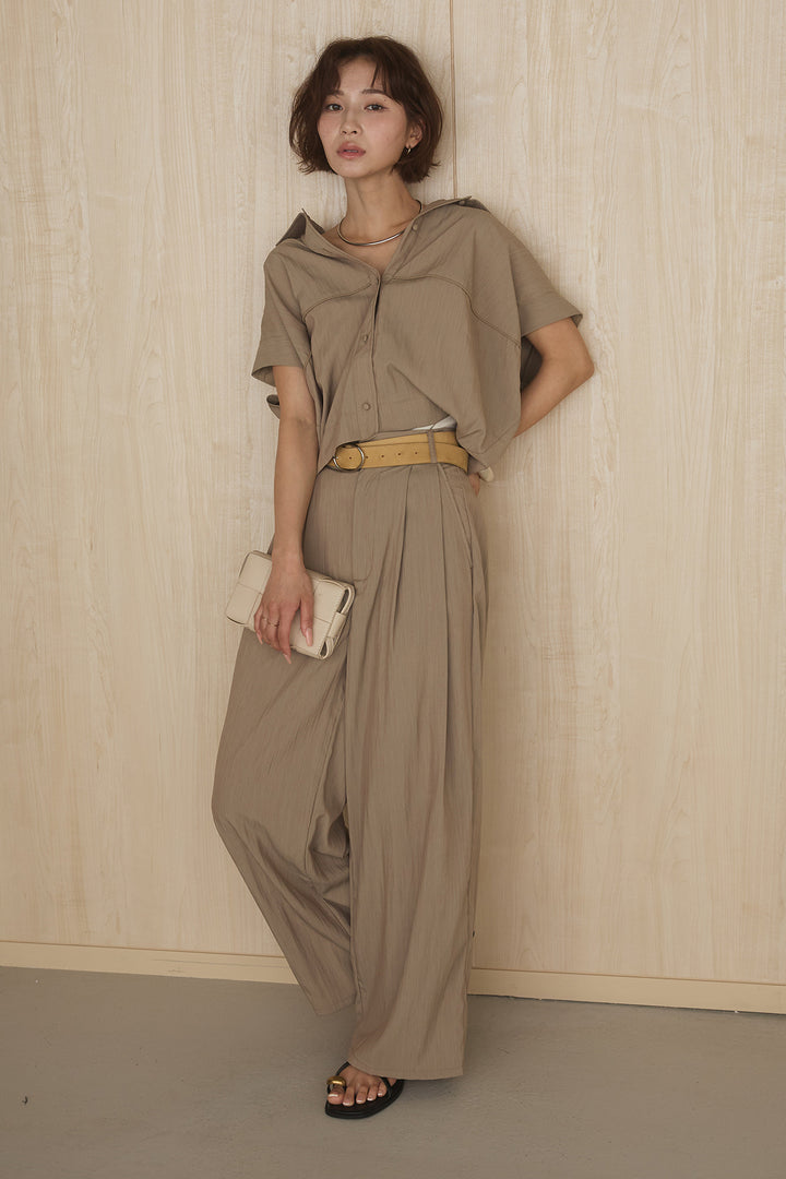 [SET]リネンライクランタンノースリシャツ+リネンライク2タックワイドパンツ(2set)