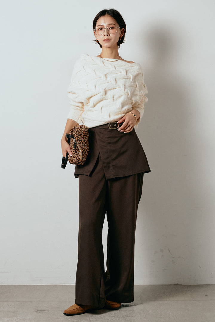 [SET]ボートネックニットトップス+ベルト付きウエストデザインパンツ(2set)