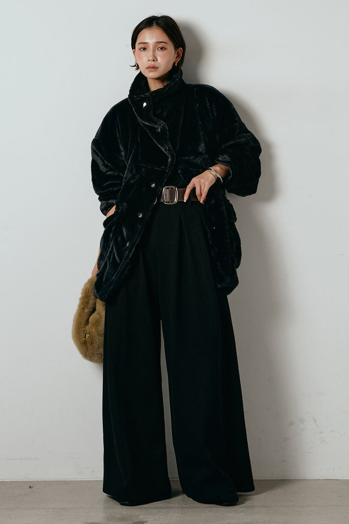 [SET]スタンドネックファーコート+フェイクレザー太ベルト付きタックワイドパンツ(2set)