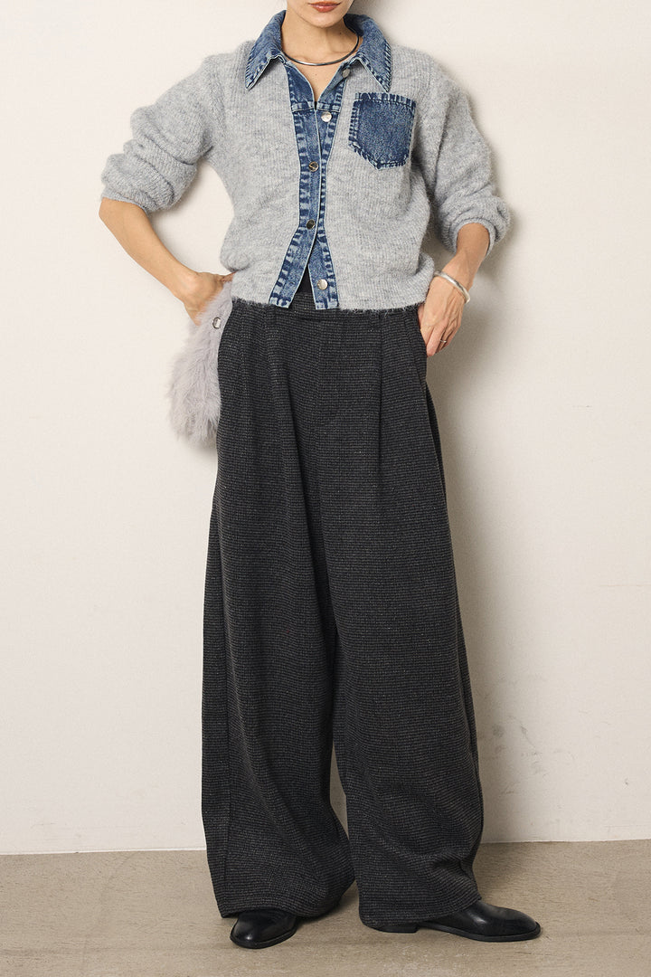 [SET]襟付きデニム切替ニットカーディガン+起毛タック入りツイードワイドパンツ(2set)