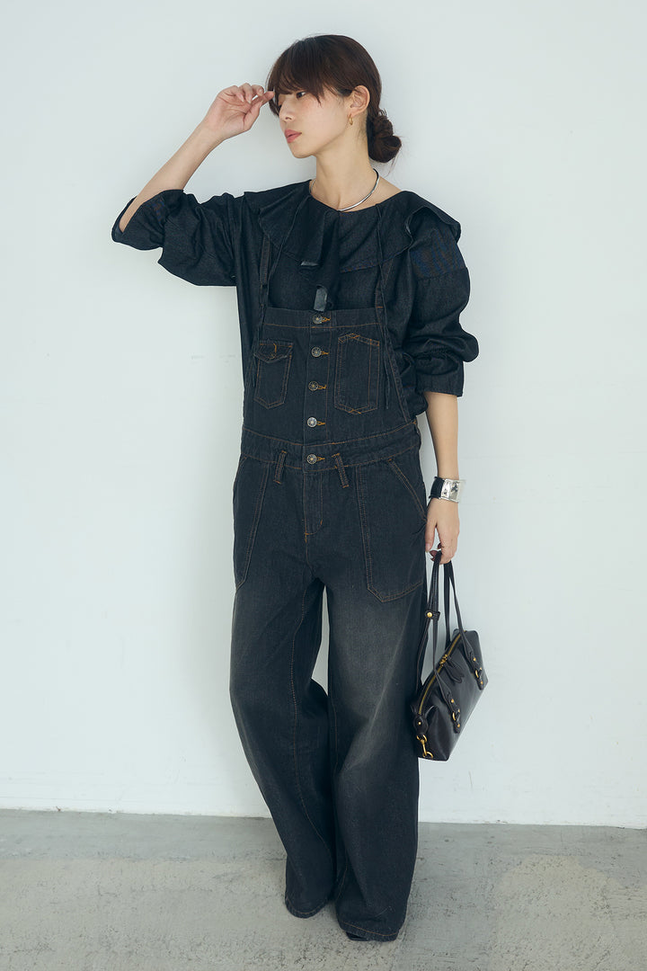[SET]デニムフリルブラウス+デニムサロペットワイドパンツ(2set)