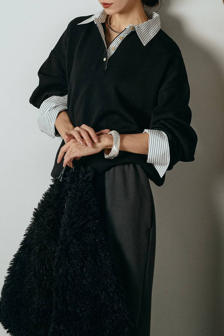 [SET]ストライプシャツドッキングポロトップス+裏起毛スウェットワイドパンツ(2set)