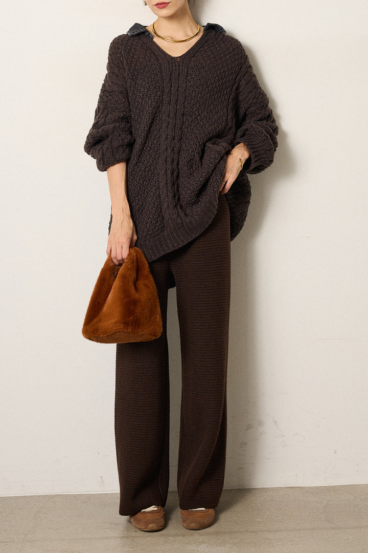 [SET]デニムカラーケーブルオーバーニット+ワイドリブニットイージーパンツ(2set)