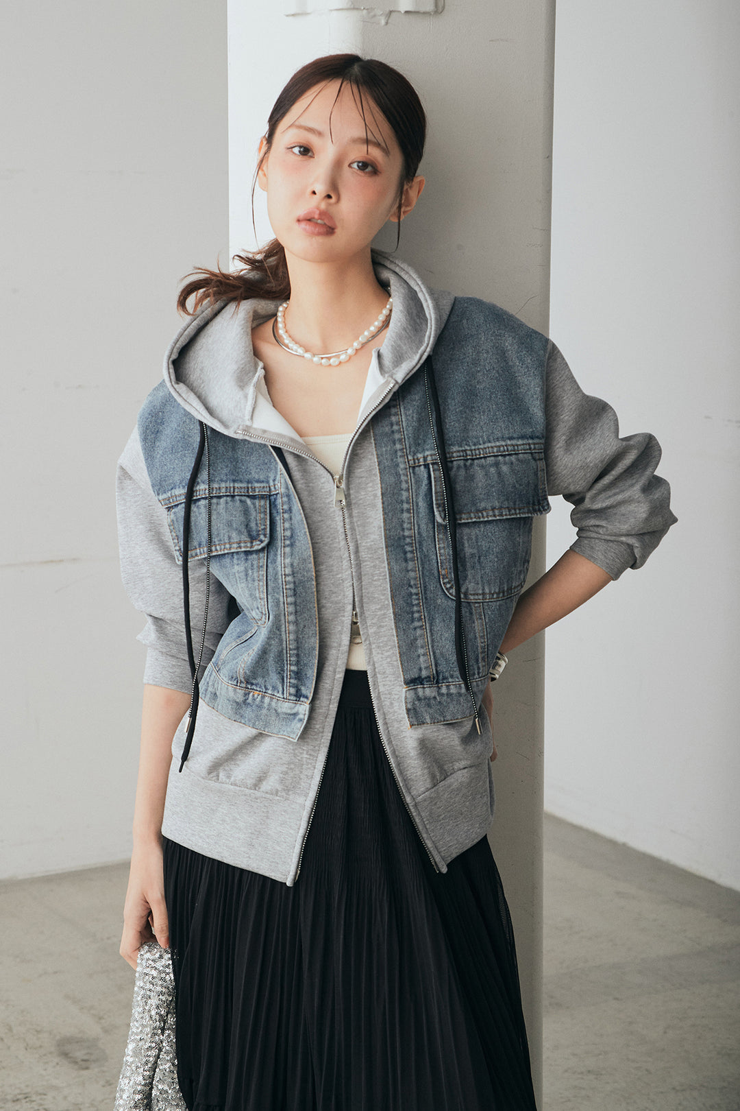 [SET]デニム切替ポンチダブルジップパーカー+ボリュームシルエットチュールスカート(2set)
