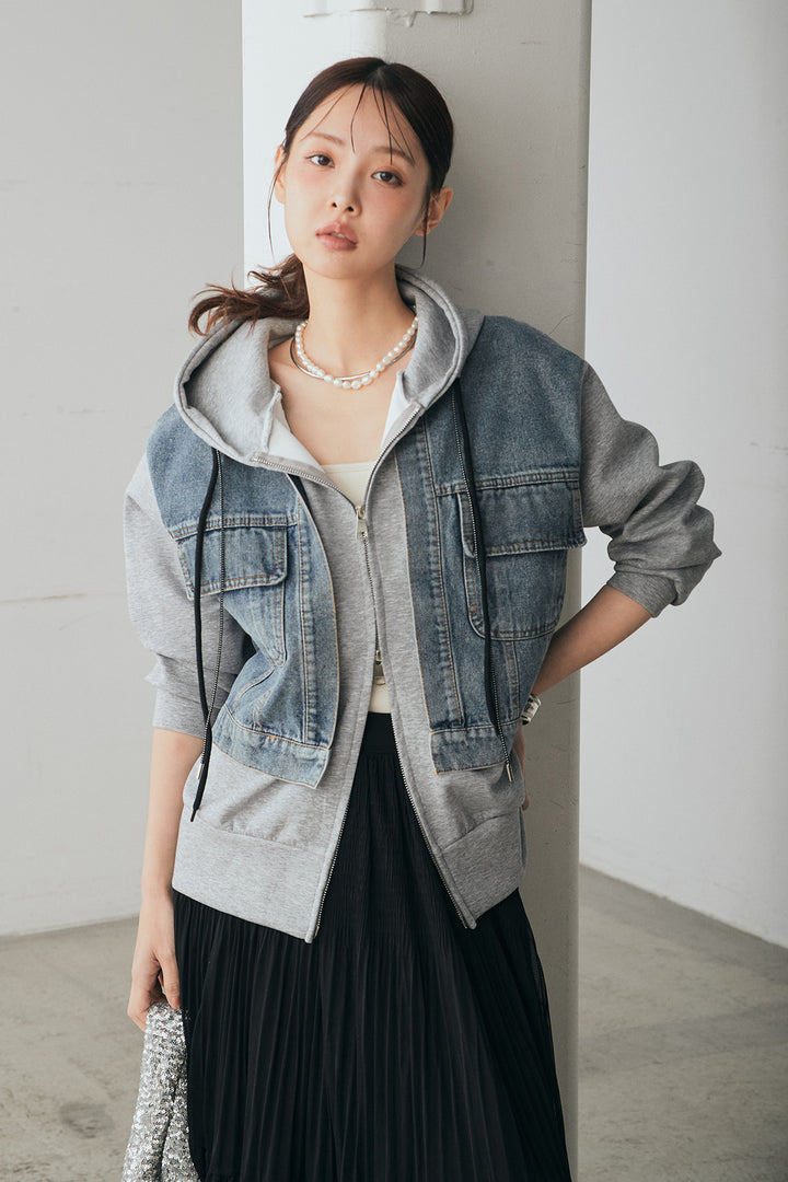 [SET]デニム切替ポンチダブルジップパーカー+ボリュームシルエットチュールスカート(2set)