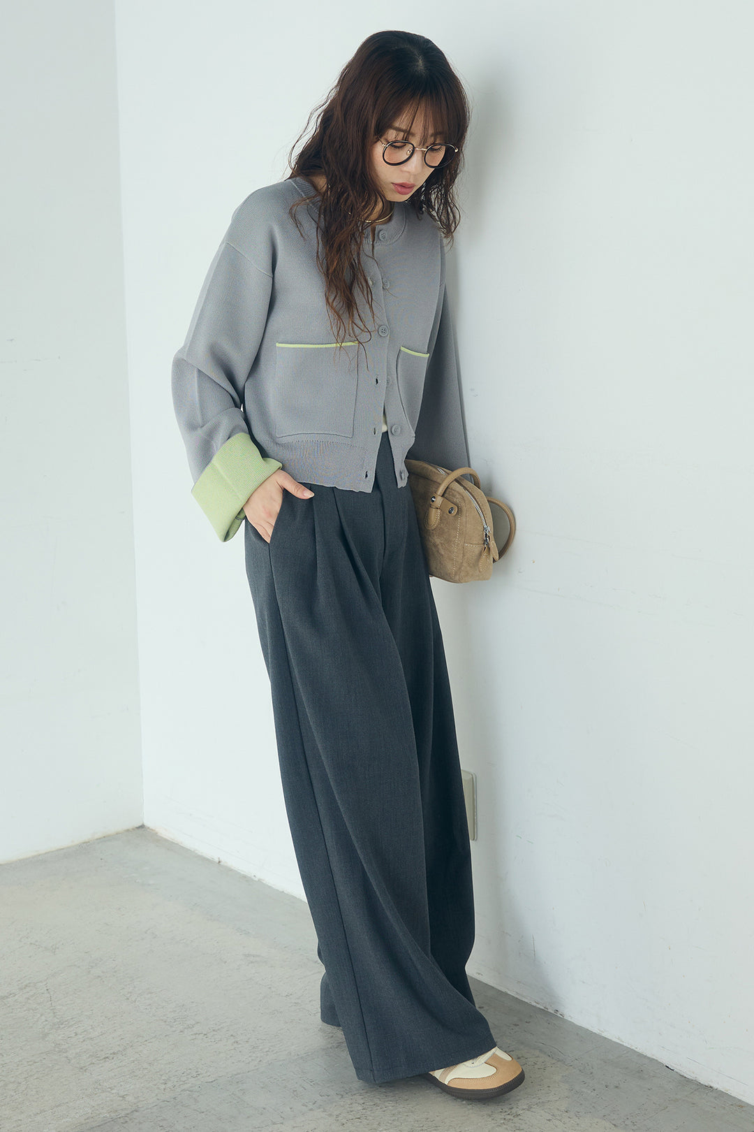 [SET]レーヨンポリダブルフェイスカーディガン+サイドベルトタック入りスラックス(2set)