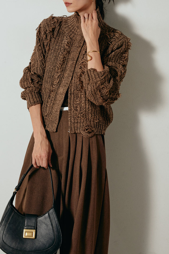 [SET]ハイネックフリンジジップニットトップス+ウエストステッチデザインワイドスラックス(2set)