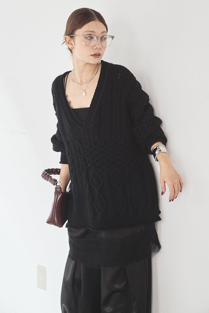 [SET]ケーブルVニットセーター+サテンタックワイドパンツ(2set)