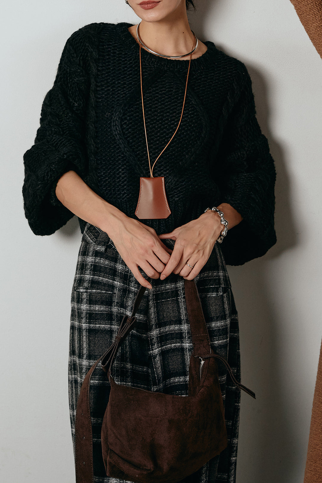 [SET]ロービングケーブルショート丈プルオーバー+ルーズタータンチェックワイドパンツ(2set)