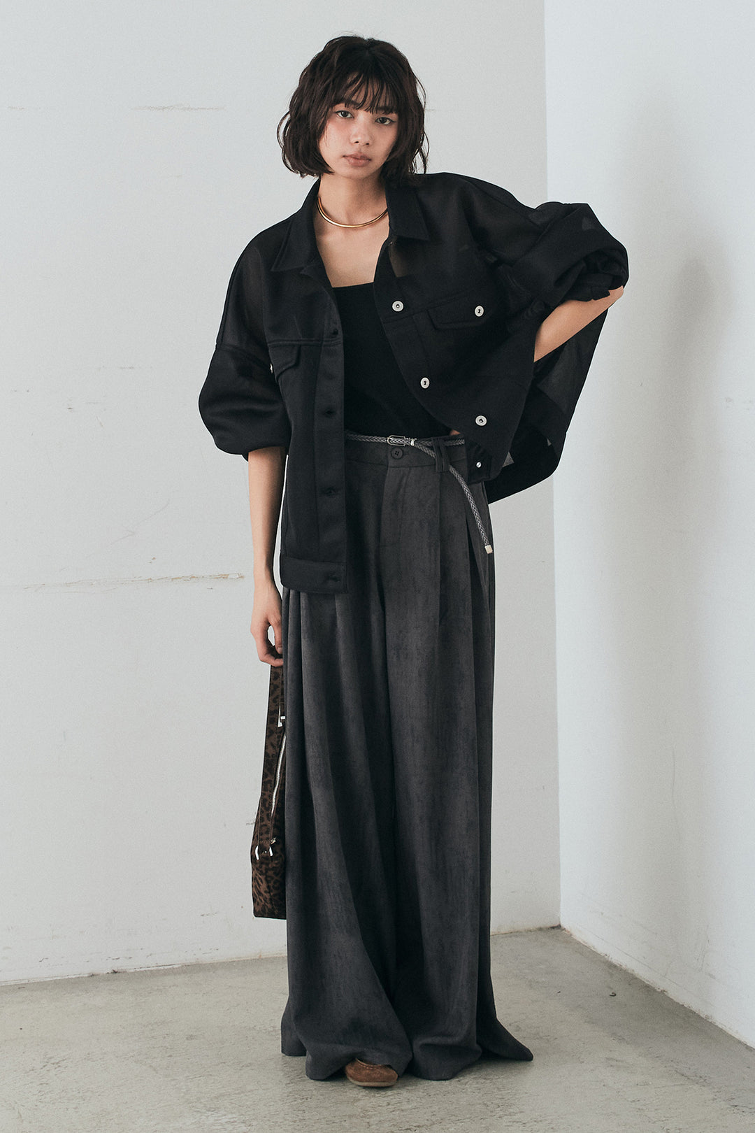 [SET]シアーダンボールサイドドロストジャケット+紐ベルト付きかすれ柄ワイドスラックス(2set)