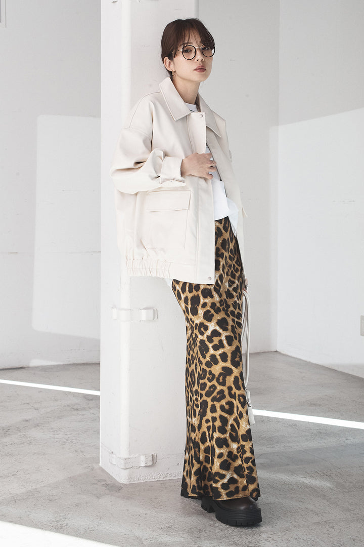 [SET]レザーライクオーバーサイズブルゾン+レオパードサテンナロースカート(2set)
