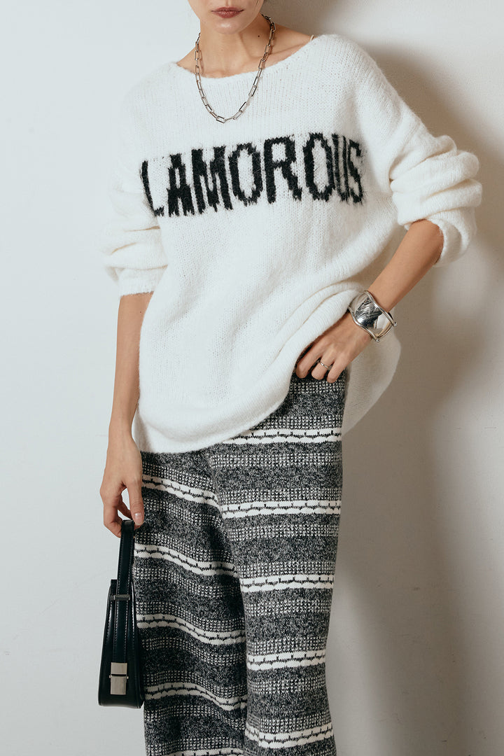 [SET]フロントロゴデザインニットトップス+マルチライン柄リラックスニットパンツ(2set)