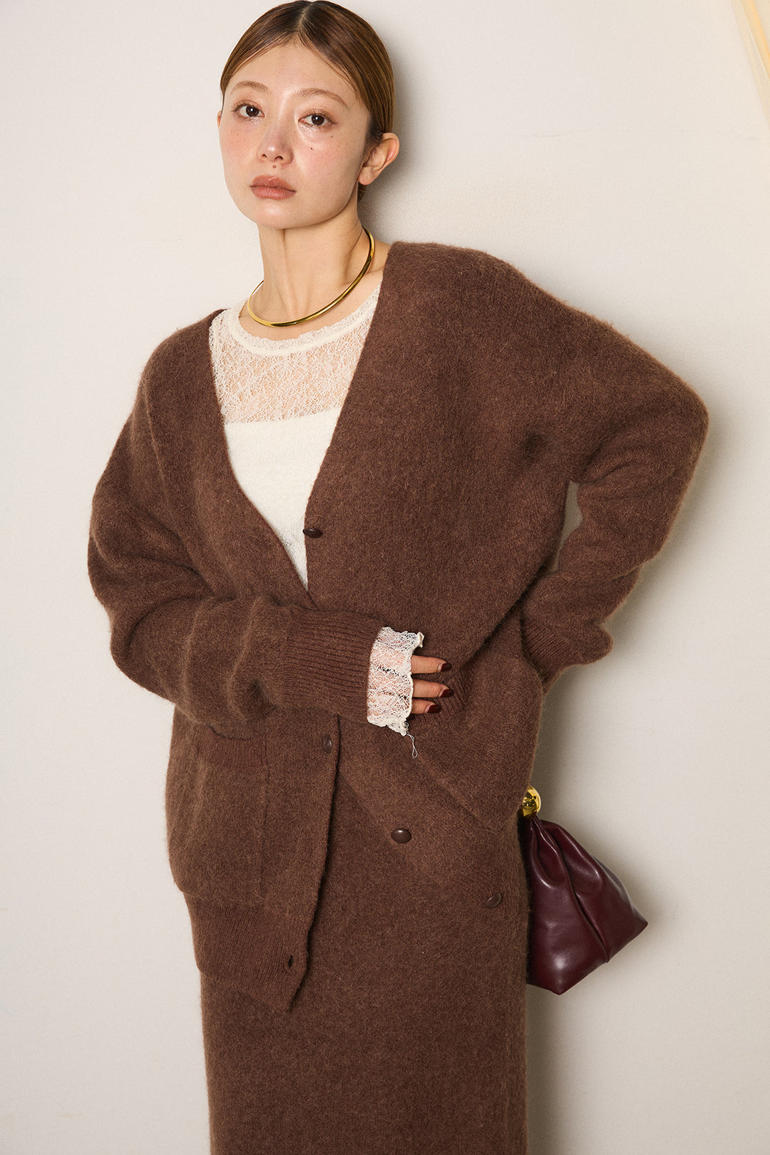 [SET]丸ボタン起毛ニットカーディガン+起毛ニットロングスカート(2set)