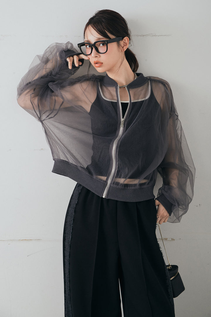 [SET]エアリーチュールスリーブシアーブルゾン+Wフェイスカットソーサイドレースラインパンツ(2set)