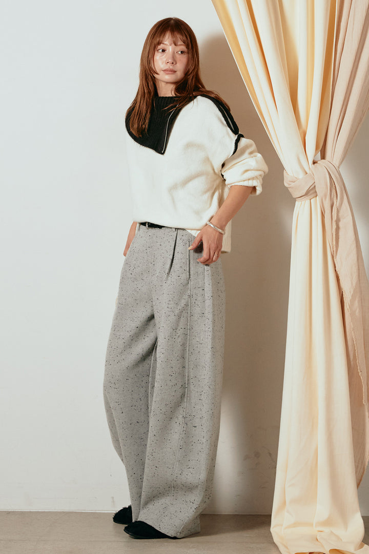 [SET]ハイネックジップデザインニットトップス+ベルト付きネップツイードカーブパンツ(2set)