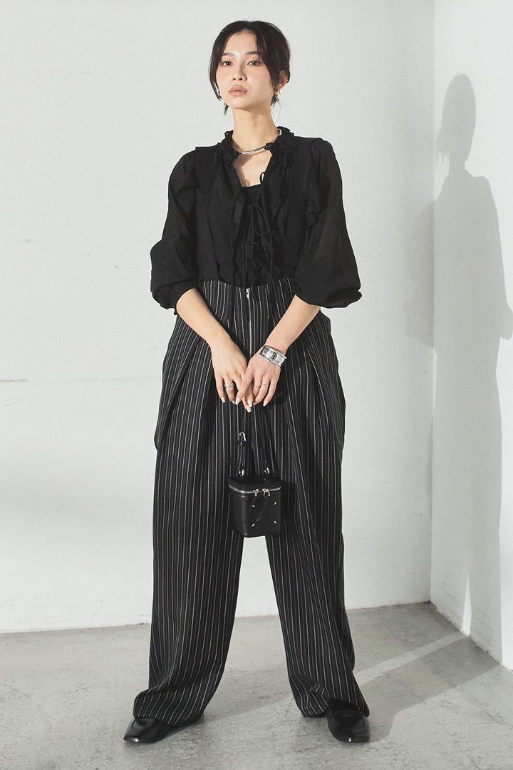 [SET]フロントリボンフリルブラウス+ピンストライプツータックサロペット(2set)