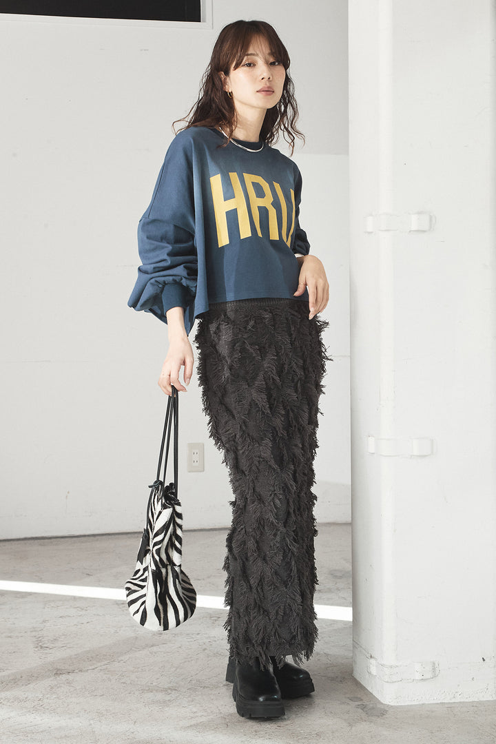 [SET]ビッグロゴHRU袖ボリュームトップス+カットフリンジニットタイトスカート(2set)