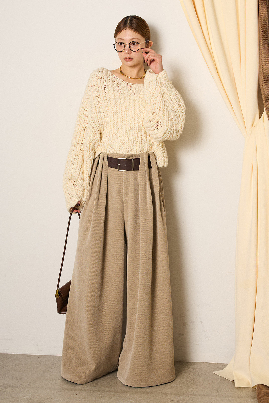 [SET]チャンキースラブニットクロップドプルオーバー+ベルトループコーデュロイワイドパンツ(2set)