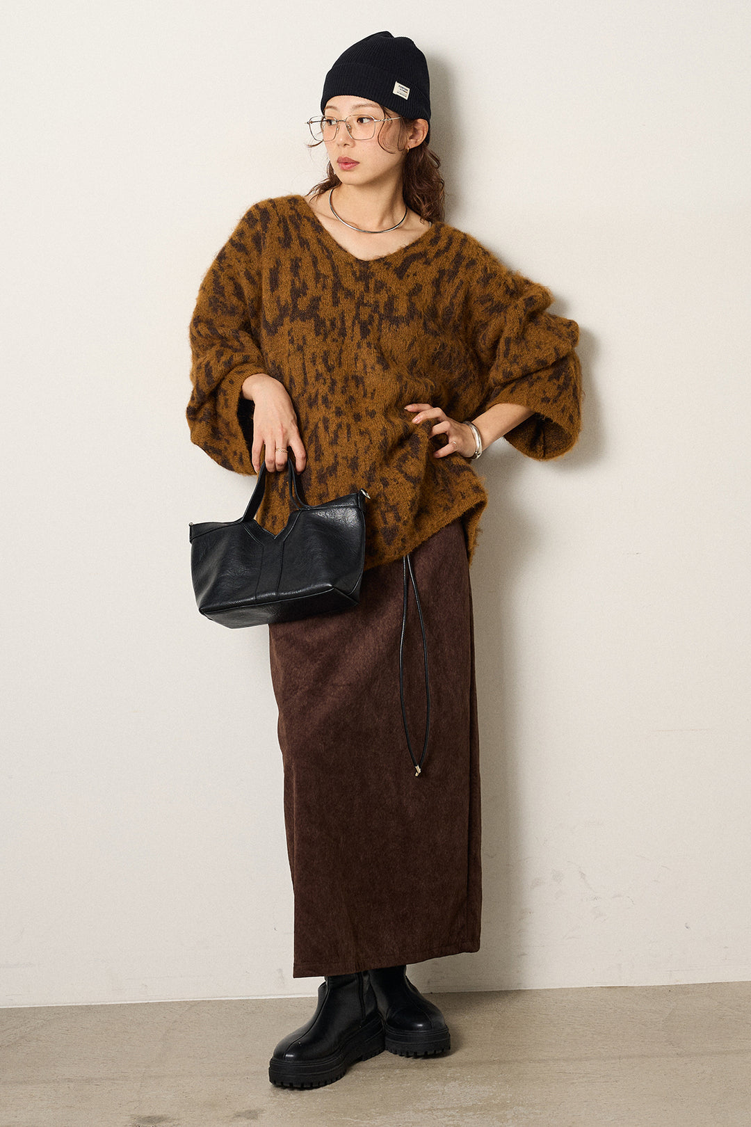 [SET]フラッフィーレオパードシャギーニット+ロープベルト付きスウェード調スカート(2set)