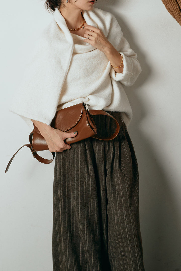 [SET]ネック巻きデザインニットトップス+タック入りマルチストライプ柄ワイドパンツ(2set)