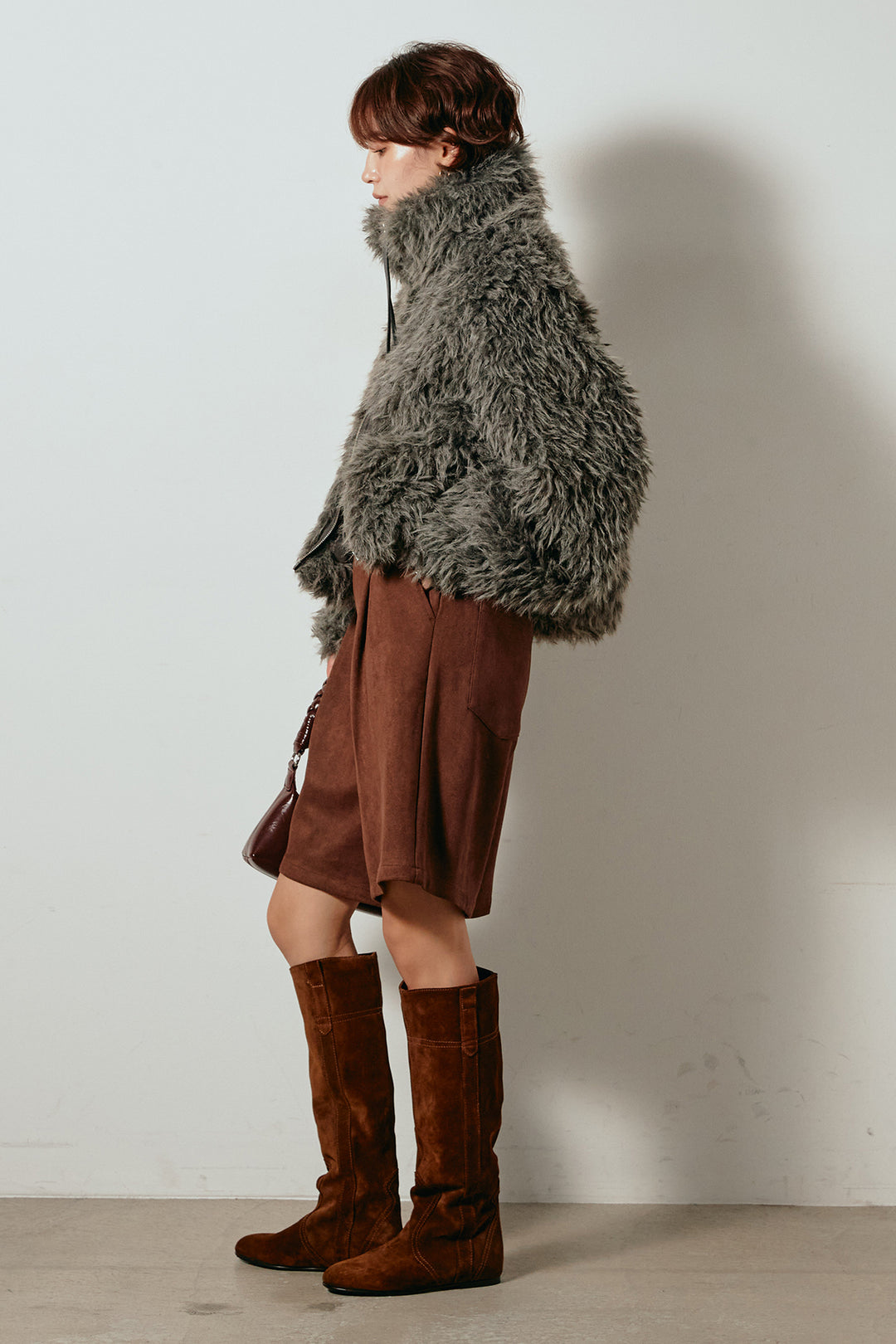 [SET]ミックスシープファースタンドブルゾン+フェイクスウェードハーフパンツ(2set)