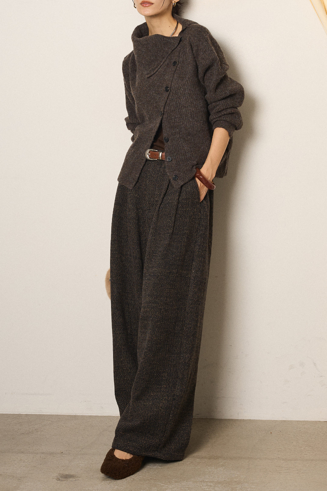 [SET]ボタンデザインネックニットプルオーバー+起毛タック入りツイードワイドパンツ(2set)