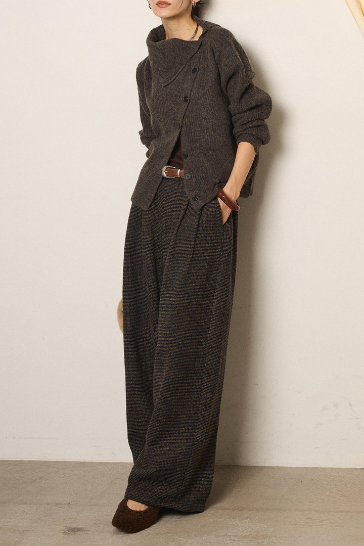 [SET]ボタンデザインネックニットプルオーバー+起毛タック入りツイードワイドパンツ(2set)