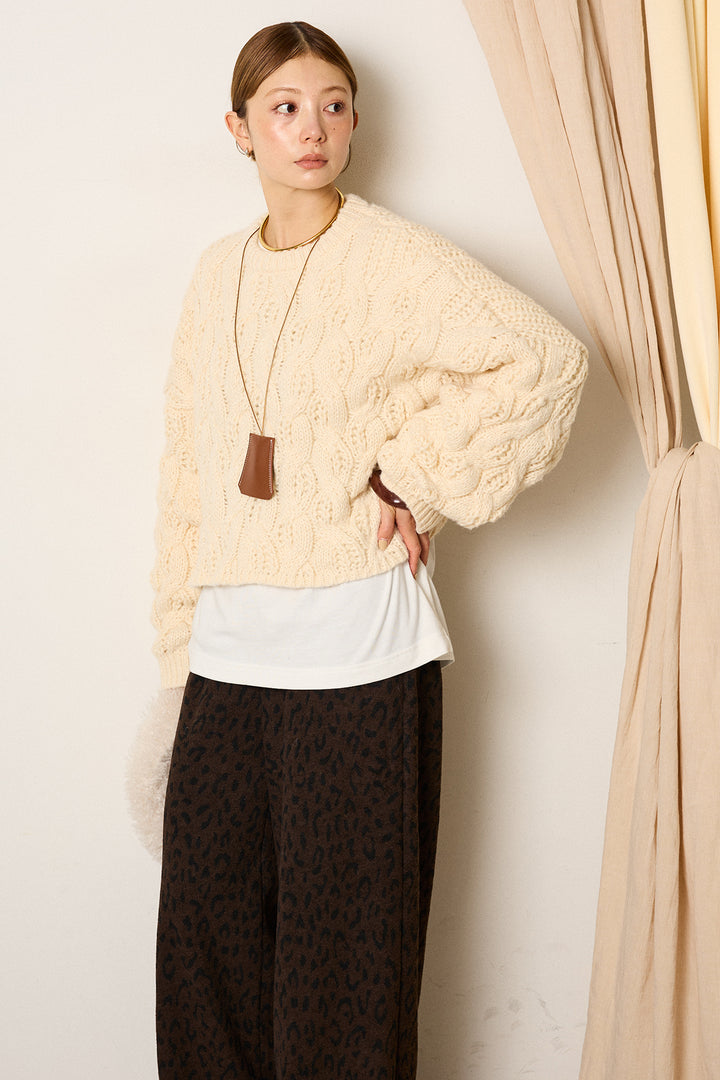 [SET]ケーブルリラックスショートニット+レオパードジャガードニットパンツ(2set)