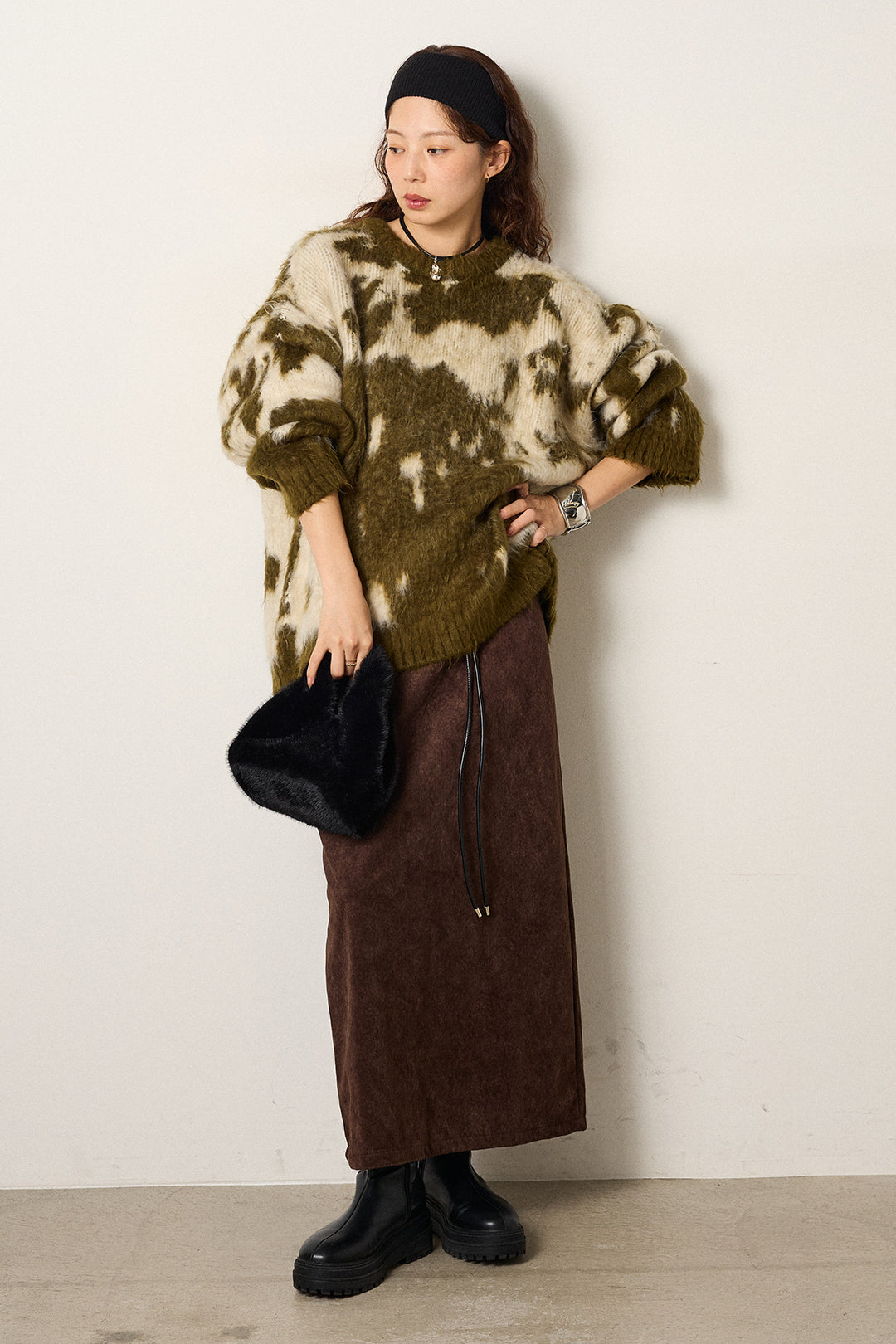 [SET]モヘアタッチマーブルニット+ロープベルト付きスウェード調スカート(2set)