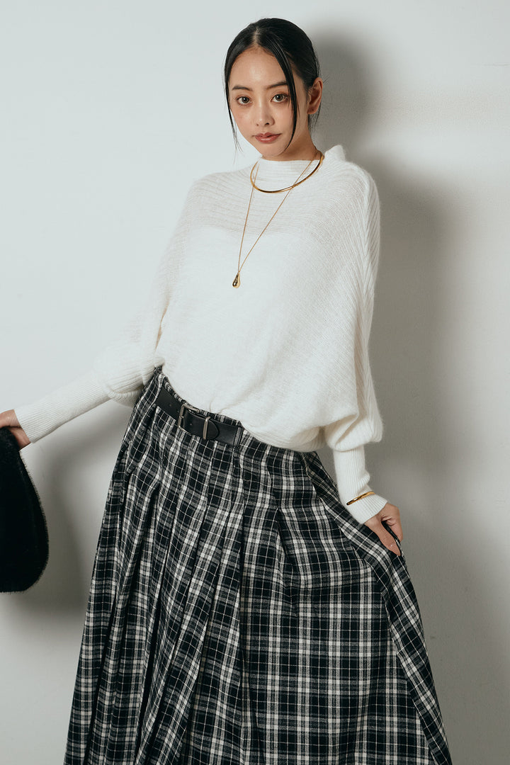 [SET]ポンチョシルエット透かしニットトップス+ベルト付きタータンチェックプリーツスカート(2set)
