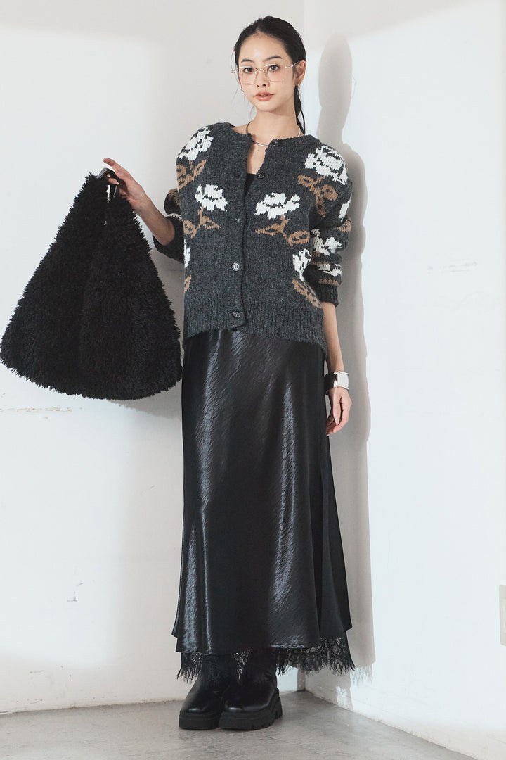 [SET]花柄ジャガードニットカーディガン+裾レースデザインサテンスカート(2set)
