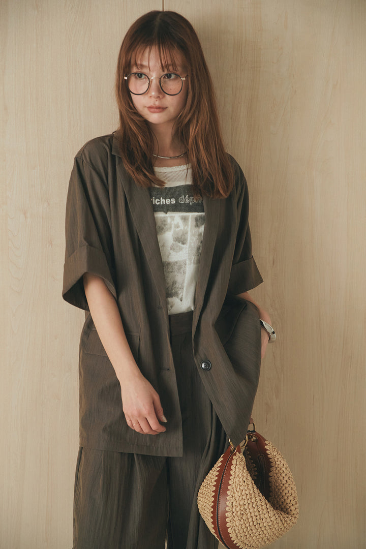 [SET]リネンライクテーラードハーフスリーブジャケット+リネンライク2タックワイドパンツ+半袖モノトーングラフィックトップス(3set)