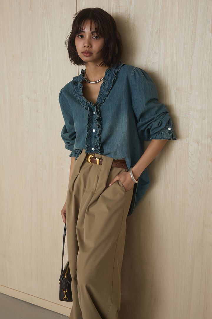 [SET]Vネックデニムフリルトップス+ベルトループデザインハイウエストタックパンツ(2set)