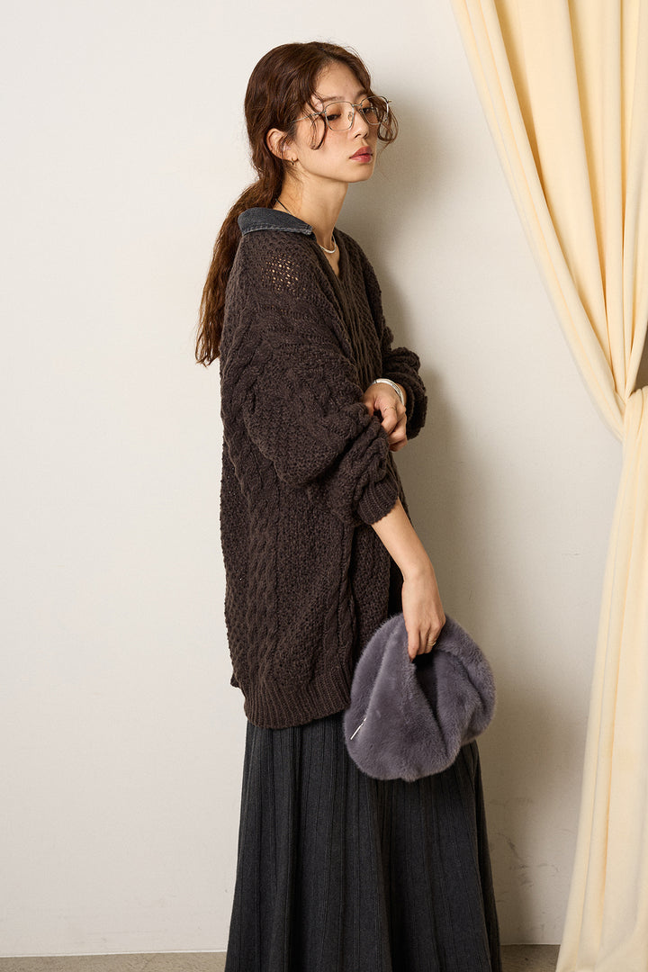 [SET]デニムカラーケーブルオーバーニット+編み地切り替えフレアニットスカート(2set)