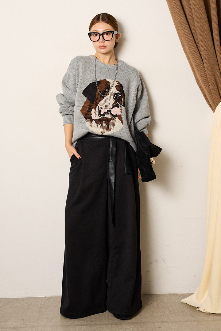 [SET]アニマルジャガード柄ニットトップス+巻ベルトウエストレザーライクワイドパンツ(2set)